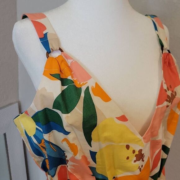 Vince Camuto Tropical Floral Sleeveless Tie Waist Midi Dress Cotton Size 10 - Picture 2 of 9